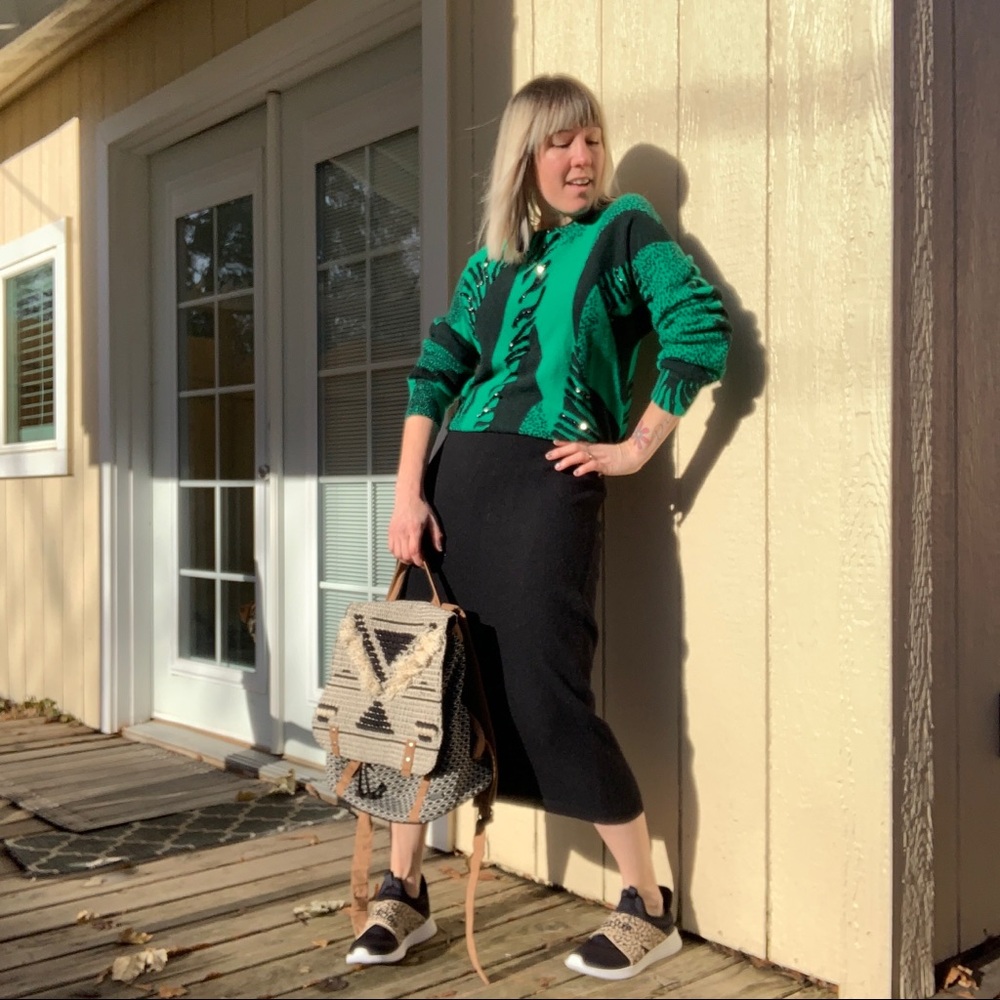 80s/90s Wool Angora Abstract Print Sweater & Skirt